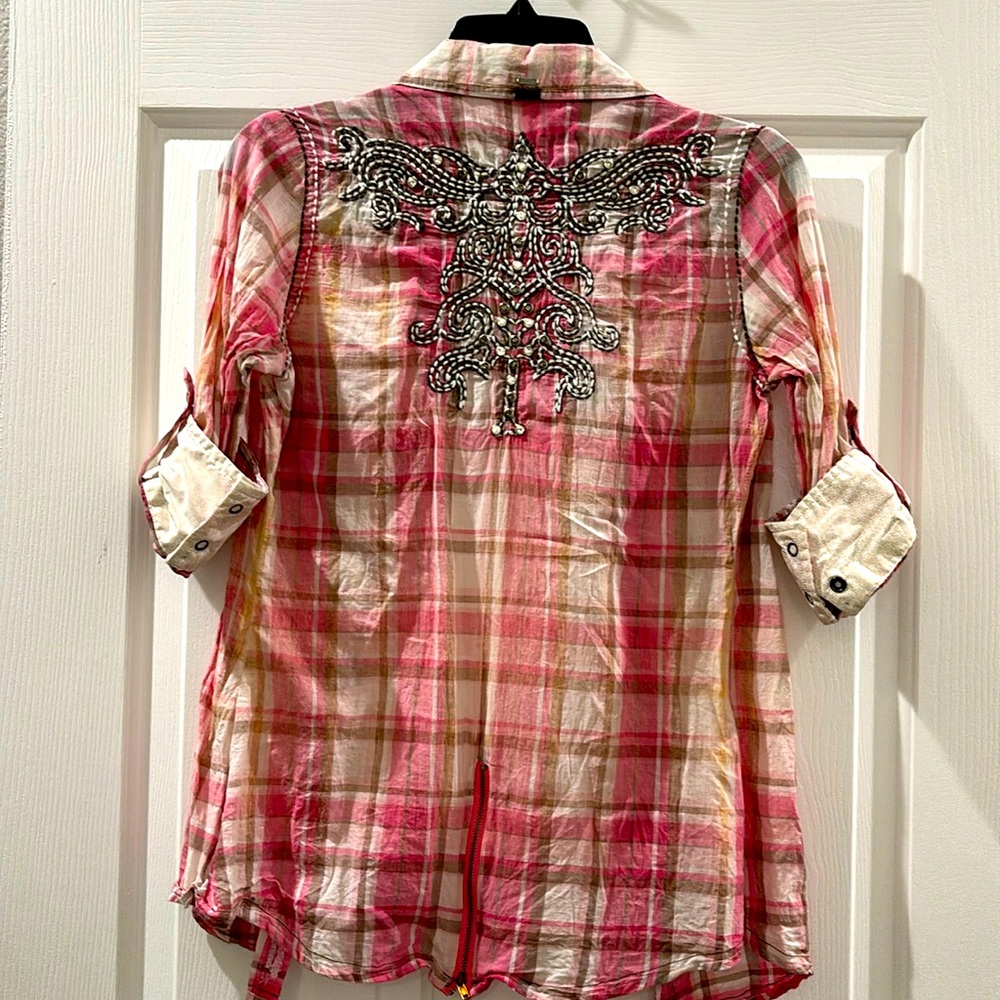 Roar embellished pink plaid western shirt